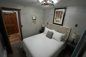 Bedroom featuring baseboard heating, carpet flooring, and wood finished floors