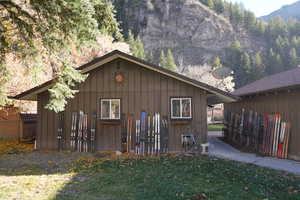 Exterior space featuring a mountain view and board and batten siding