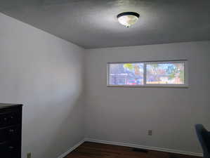 Spare room with dark wood finished floors and baseboards