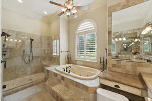 Full bathroom with healthy amount of natural light, ornamental molding, vanity, a stall shower, and a jetted tub
