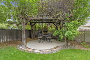 Fenced backyard featuring a patio and a pergola