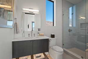 Full bath with a shower stall and vanity