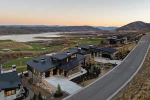 Aerial view at dusk of a water and mountain view