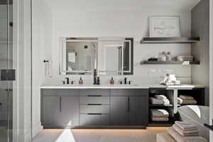 Full bath featuring a stall shower and double vanity