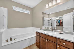 Bathroom featuring vanity, a spacious closet, a garden tub, and a shower stall