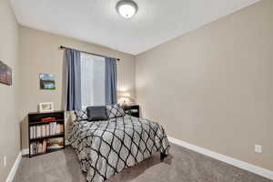 Bedroom with carpet floors and a textured ceiling