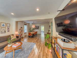 Living room featuring light wood finished floors, healthy amount of natural light, and recessed lighting