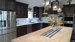 Kitchen with stainless steel appliances, dark brown cabinetry, and decorative backsplash