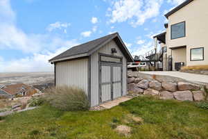 View of shed with stairs