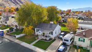 Aerial view of residential area with a mountainous background