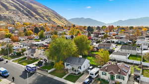 Aerial view of residential area with a mountain backdrop