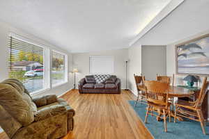 Living room featuring light wood-style flooring, a textured ceiling, and lofted ceiling