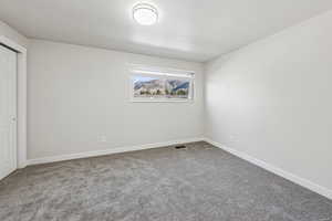 Unfurnished bedroom featuring carpet flooring, a closet, and a mountain view