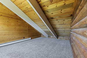 Additional living space with carpet floors, wood ceiling, and baseboard heating