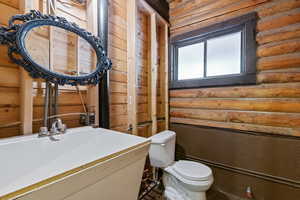 Bathroom featuring rustic walls and vanity