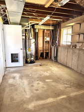 Basement with water heater and heating unit
