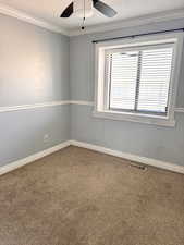 Carpeted empty room with ornamental molding, a ceiling fan, and a textured ceiling