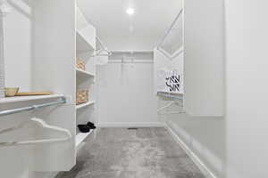 Spacious closet featuring light colored carpet