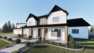 Modern inspired farmhouse featuring covered porch, a front yard, a standing seam roof, board and batten siding, and a metal roof