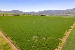 Overview of rural landscape with a pastoral area and a mountain backdrop