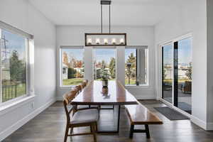 Dining area featuring plenty of natural light and dark wood finished floors