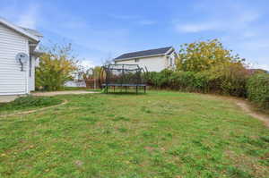 View of grassy yard featuring a trampoline