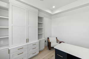 Office featuring light wood-type flooring and recessed lighting