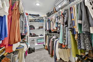 Spacious closet featuring light colored carpet