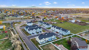 Aerial perspective of suburban area featuring mountains