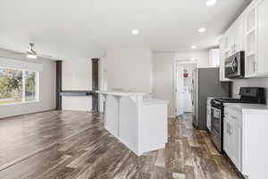 Kitchen featuring white cabinets, appliances with stainless steel finishes, light countertops, dark wood-style flooring, and recessed lighting
