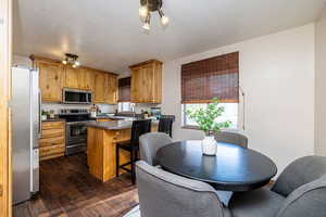 Kitchen featuring stainless steel appliances, dark wood-style floors, a textured ceiling, a peninsula, and dark countertops