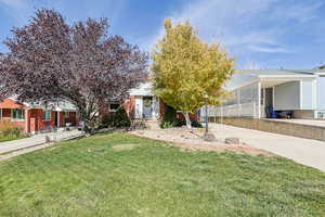 View of property hidden behind natural elements featuring a front lawn, a carport, driveway, and brick siding
