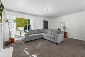 Carpeted living area with baseboards and a textured ceiling