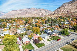 Aerial view of residential area with a mountain backdrop