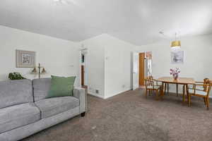 Carpeted living area with baseboards and a textured ceiling