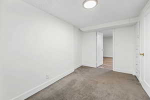Unfurnished room with a textured ceiling and carpet floors