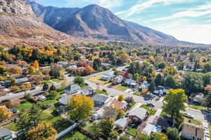 Aerial view of residential area featuring mountains