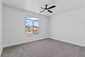 Spare room featuring carpet floors, a mountain view, ceiling fan, and a textured ceiling