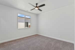 Carpeted empty room with ceiling fan and a textured ceiling
