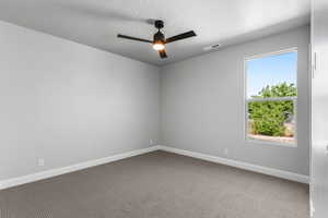 Empty room featuring carpet, a textured ceiling, and a ceiling fan
