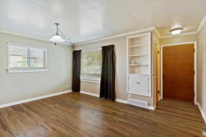 Spare room featuring crown molding, dark wood-type flooring, and built in shelves