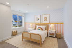 Bedroom with carpet flooring, recessed lighting, and wallpapered walls