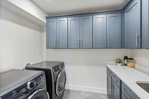 Laundry room with sliding door.