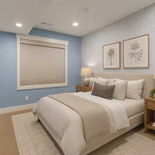 Bedroom with carpet, recessed lighting, and wallpapered walls