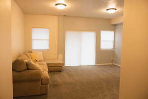Carpeted living area featuring baseboards