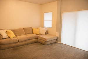Living area with carpet and baseboards