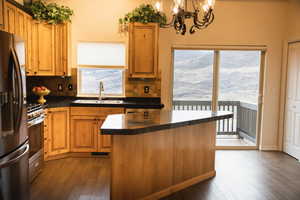 Kitchen featuring backsplash, stainless steel appliances, dark wood-style flooring, and a kitchen island