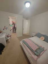 Bedroom featuring a walk in closet, light carpet, and a textured ceiling