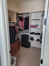 Walk in closet featuring light carpet