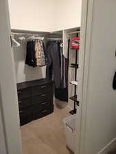 Walk in closet with light carpet